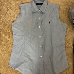 5 long sleeved work shirts and 1 sleeveless Ralph Lauren blue work shirt